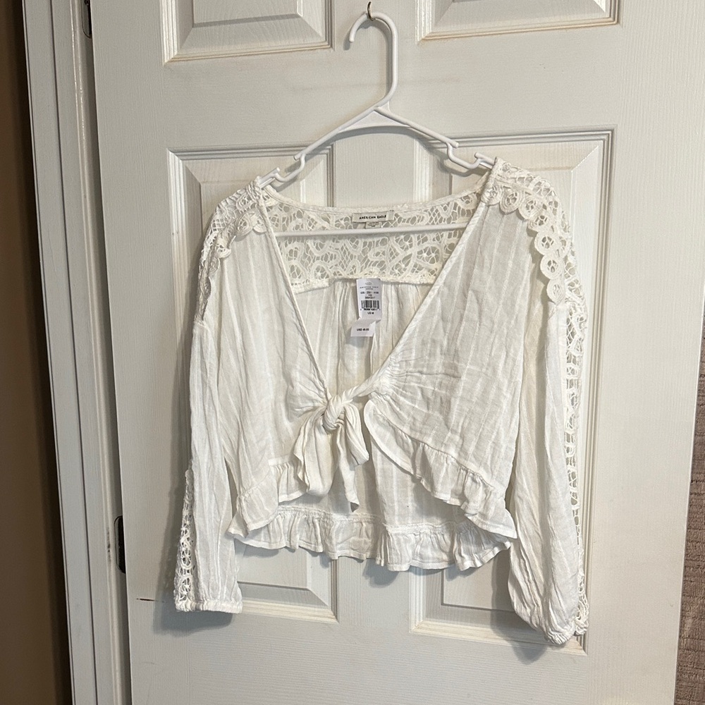 American Eagle Outfitters White Crochet Tie-Front Blouse